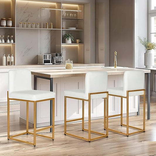 Sophia & William Counter Height Bar Stools Set of 3, White and Gold Bar Stools for Kitchen Island