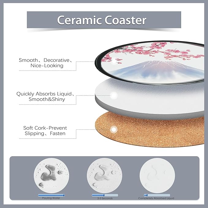Drink Coasters Set of 6 with Holder,Japanese Cherry Blossom and Fujiyama Mountain Absorbent Ceramic Coasters with Cork Base,Fit All Cups,Tabletop Protection Mat for Mugs and Cups,Office,Kitchen