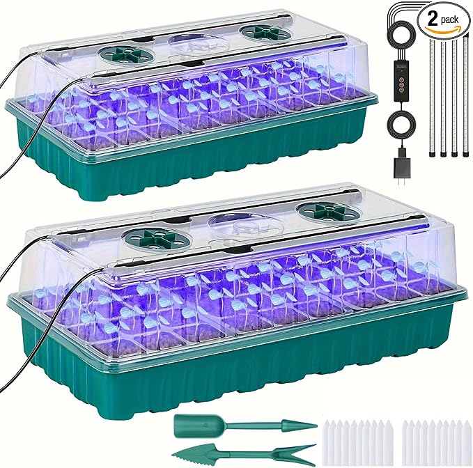 Seed Starter Tray with Grow Light, 2 Pack 72 Cells Seed Starter Kit with Humidity Dome, Indoor Seedling Starter Tray, Adjustable Brightness Plant Germination Trays