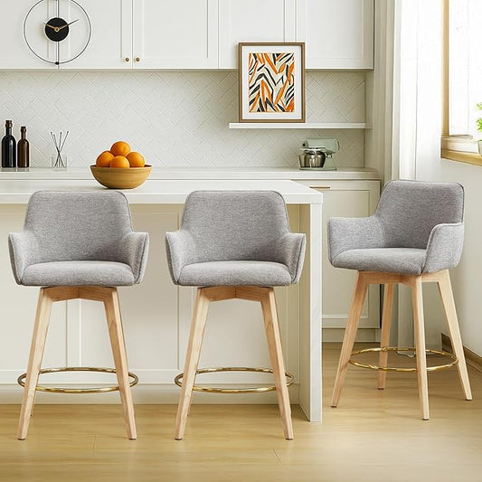 Counter Height Swivel Counter Stools, Linen Upholstered Bar Stools with Back, Arms, Solid Wooden Legs, 26 Inch Chairs for Kitchen Island, Home Pub, Bar, 3 Pcs, Grey