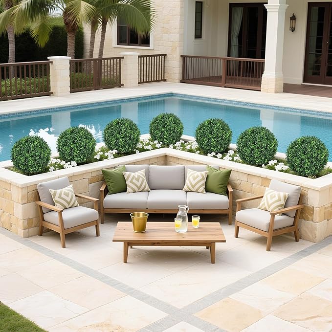 25.6'' Fake Plant Home Decor, UV Resistant Artificial Outdoor Topiary Ball Tree, Lifelike Outdoor Faux Plants with Spike, Easy to Install Boxwood Balls Fake Tree, Set of 4