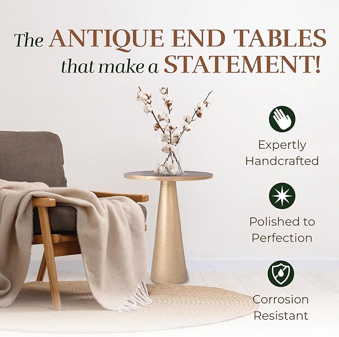 OBJET D'ART Small Round Gold End Tables, Set of 2, Turin, 22'' Height, Vintage Metal Accent, Side, Pedestal, Coctail and Drink Tables for Living Room and Small Spaces