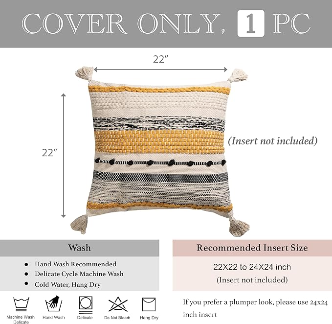 BlissBlush Fall Boho Decorative Throw Pillow Cover 22x22 Square Yellow Mustard Accent Pillowcase Tassels Farmhouse Cushion for Couch Sofa Bedroom Living Room Home Décor Cover ONLY (Pack of 1)