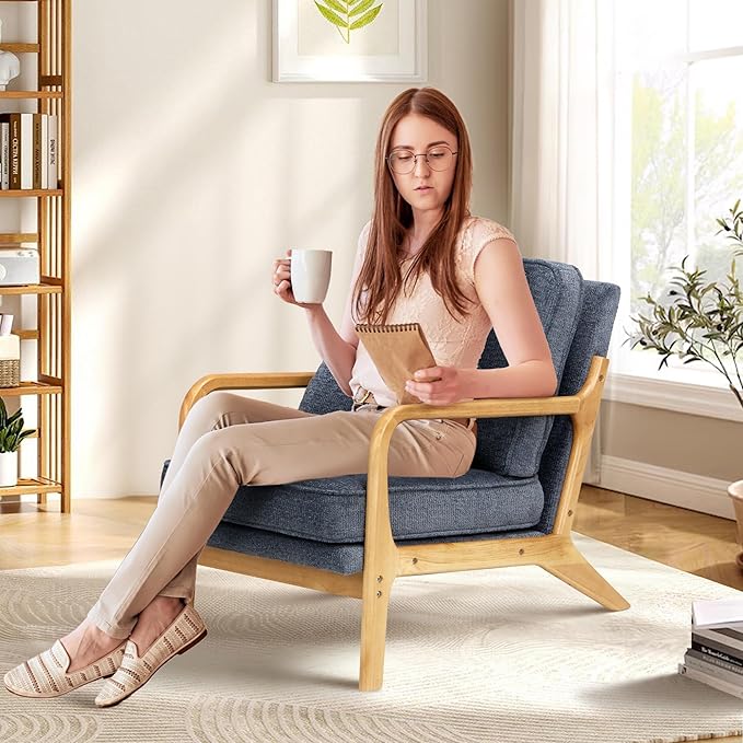 COLAMY Mid Century Modern Accent Chair with Lumbar Pillow, Relaxing Armchair with Solid Wood Frame & Soft Cushion, Reading Leisure Chair for Living Room,Bedroom,Waiting Room（Blue）