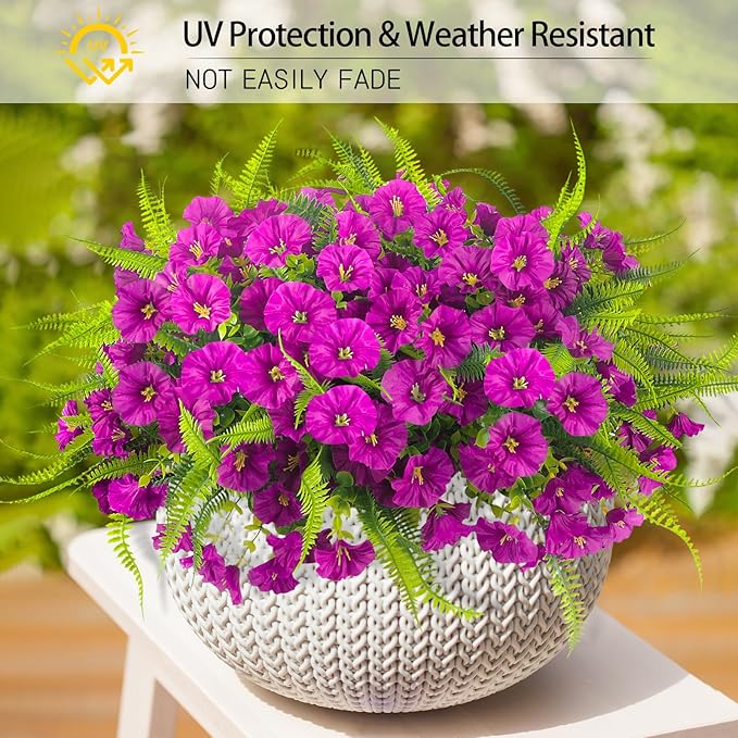 Artificial Flowers Outdoors 12 Bundles Artificial Petunias Fake Flowers UV Resistant Shrubs Plants with Fern for Indoor Outside Hanging Planters Home Garden Summer Decorations (Magenta)