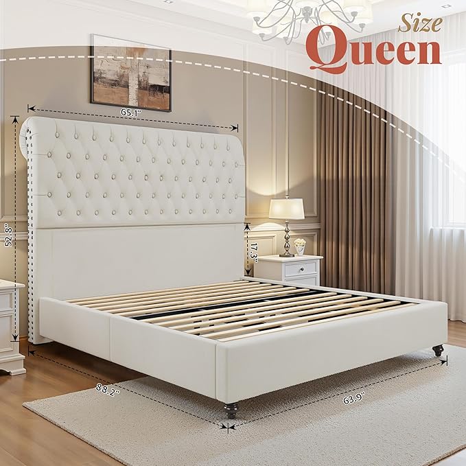 Jocisland Queen Bed Frame with Headboard, Velvet Sleigh Bed with Button Tufted 52.8" Tall Upholstered Headboard, No Box Spring Needed, Easy Assembly, Cream