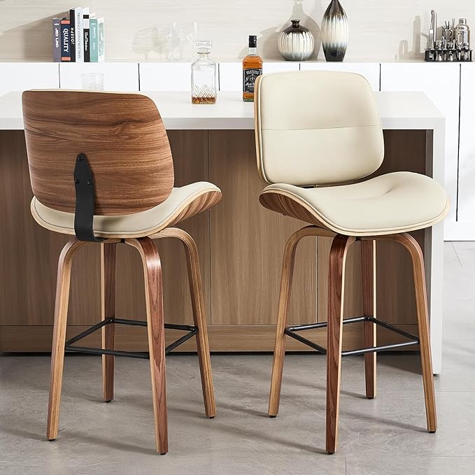Mid Century Modern Bar Stools Set of 2, 29.5'' Bar Height Swivel Stools with Bentwood Legs, Faux Leather Upholstered Bar Chairs with Footrest for Kitchen Island & Countertops,Beige