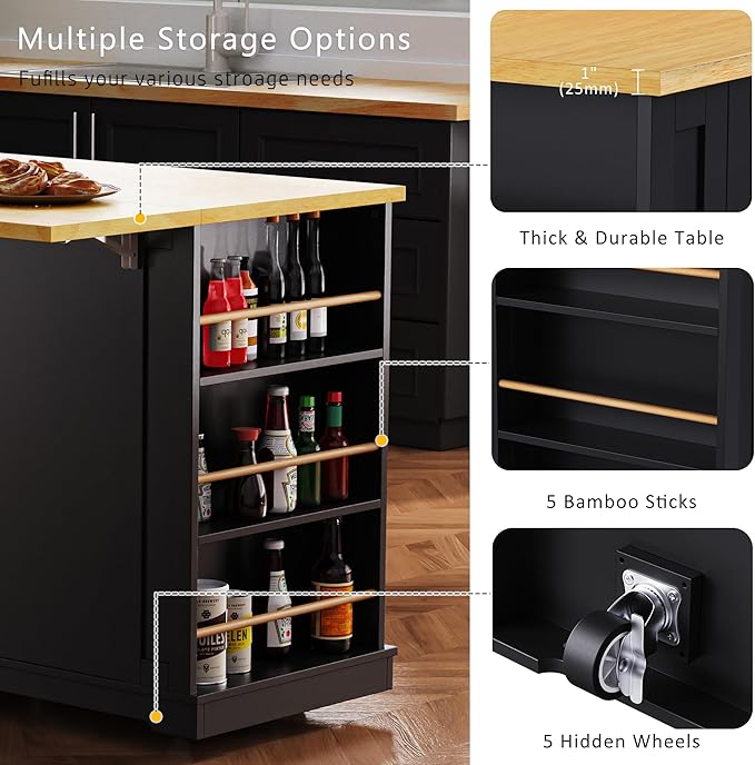 Merax 53" Upgraded Kitchen Cart Island with 2 Bar Stools on Wheels with Power Outlet,Drop Leaf,3 Drawers and 5 Open Side Racks,Wood Frame Storage Cabinet