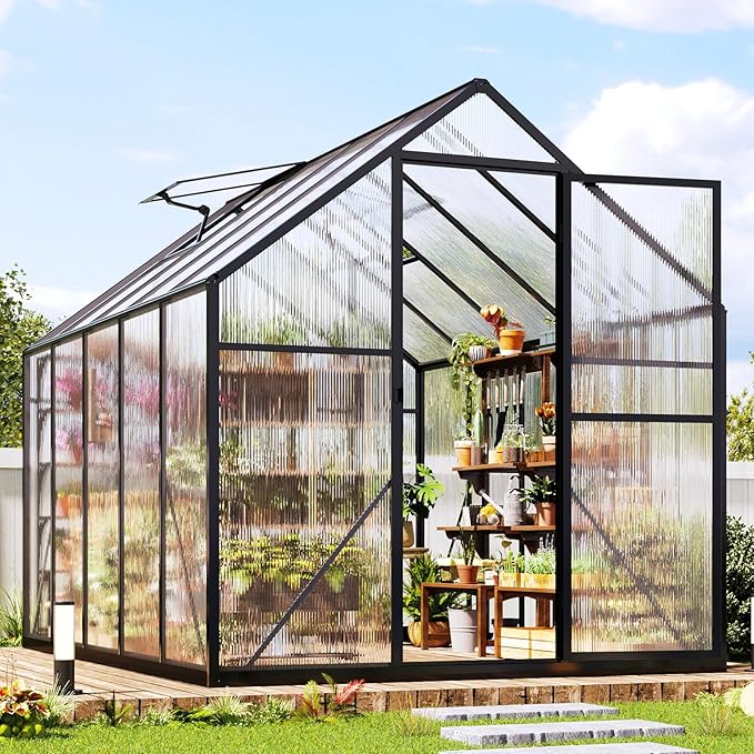 Jocisland 6x10x6.3 FT Polycarbonate Greenhouse for Outdoors with 2 Windows, Dual Swing Doors, Aluminum Walk-in Frame, Heavy Duty Garden Greenhouse for Backyard, Black