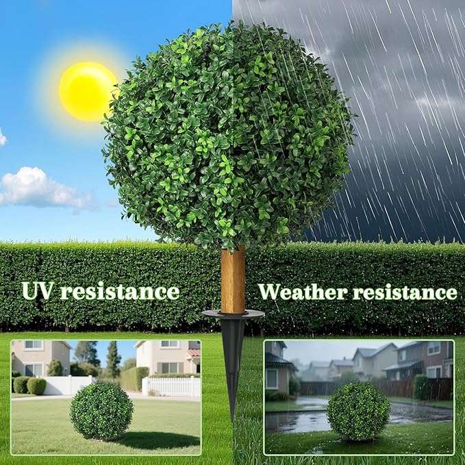 25.6'' Artificial Plants Outdoor with Spike, UV Resistant Boxwood Topiary Ball Fake Plants, Outdoor Faux Plants for Balcony Yard Garden Entryway Front Door Decor Home Decor Porch Decor, 2 Pack