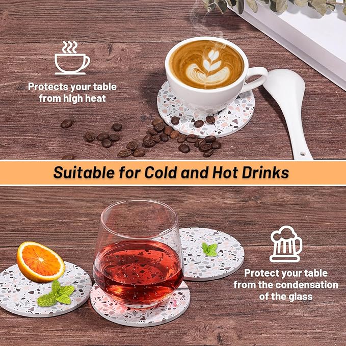 Acejoz Drink Coasters with Holder, Set of 6, Terrazzo Pattern, Ceramic, Round, 4 Inches