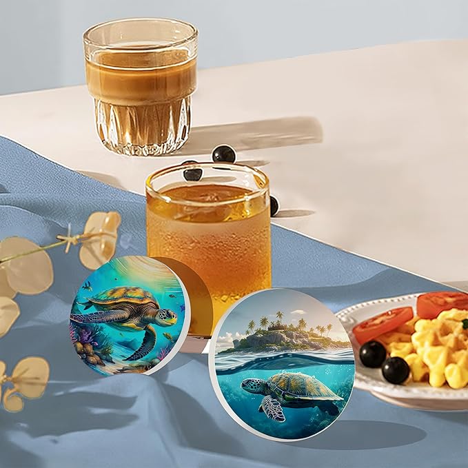 Table Coaster for Drinks Set of 6, Sea Turtles Round Ceramic Coasters,with Cork Base and Metal Holder,Great Housewarming Birthday Gifts,Home Decor