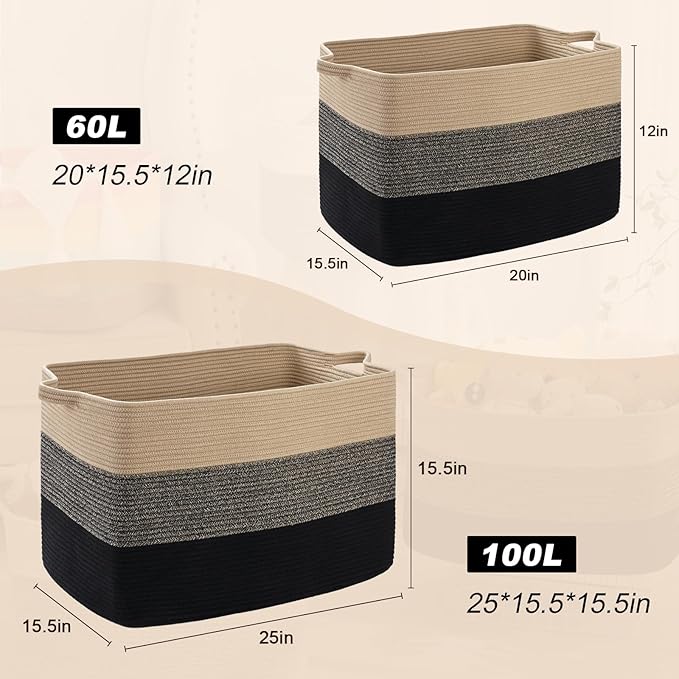 Large Blanket Basket, 60 L Rectangle Storage Baskets for Organizing, Woven Laundry Basket for Blankets, Cotton rope Blanket Storage for Living Room, Nursery Room, Brown&Black