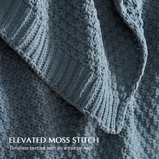 EVERGRACEHOME Chunky Chenille Knit Throw Blanket for Couch, Soft Luxurious Moss Stitch Blankets for Bed, Cozy Decorative Farmhouse Knitted Throws for Sofa, Stormy Blue, 50" x 60"
