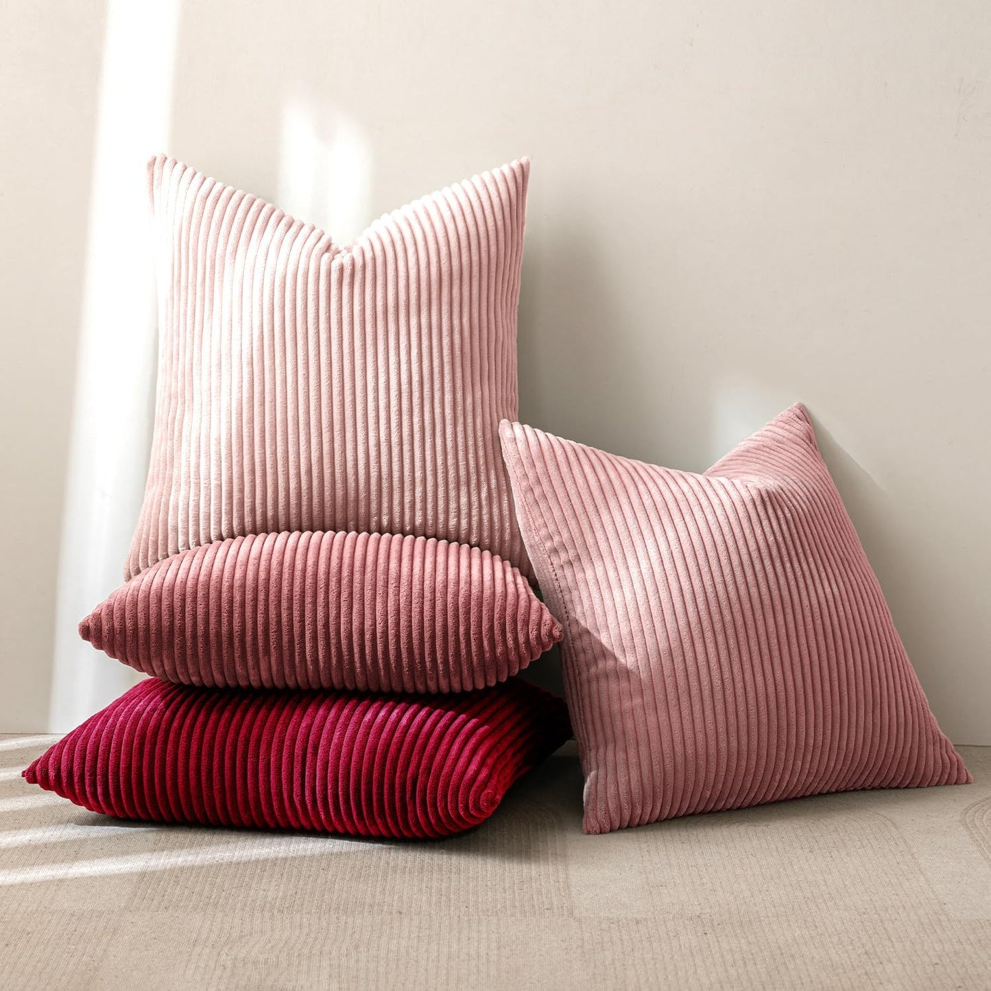 MIULEE Boho Farmhouse Christmas Throw Pillow Covers 18x18 Inch Set of 4 Romantic Decorative Cushion Covers Spring Corduroy Home Decor for Feminine Valentines Couch Bed Sofa Living Room Aesthetic Pink