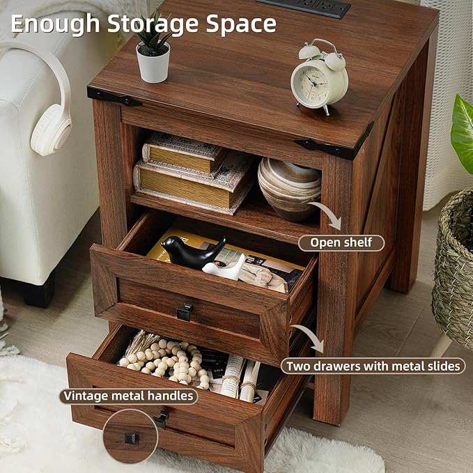 Nightstand with Charging Station and USB Port, Farmhouse Side End Table with 2 Drawers and Open Shelf, Wood Rustic Sofa Table, Bedside Cabinet for Bedroom, Living Room, Closet, Office(Brown)