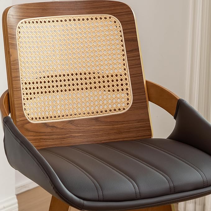 Mid Century Modern Counter Stools - 29.5 inch Swivel Rattan bar stools with Cane Back, Upholstered Faux Leather, Walnut Craftsmanship (Walnut Brown, Set of 3/30 inch)