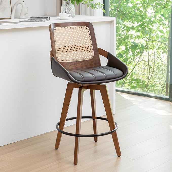 Mid Century Modern Counter Stools - 26.4 inch Swivel Rattan bar stools with Cane Back, Upholstered Faux Leather, Walnut Craftsmanship (Walnut Brown, Set of 1)