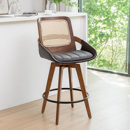 Mid Century Modern Counter Stools - 26.4 inch Swivel Rattan bar stools with Cane Back, Upholstered Faux Leather, Walnut Craftsmanship (Walnut Brown, Set of 1)