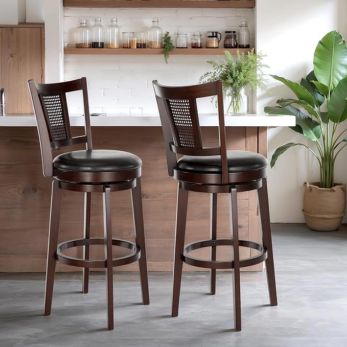 ALPHA HOME Swivel Bar Stools Set of 4, Kitchen Stools with Backs, 30 Inch Wooden Bar Stools, 360 Degrees Swivel Chair with Upholstered, Wrap-Around Footrest Counter Chair, Dark Brown