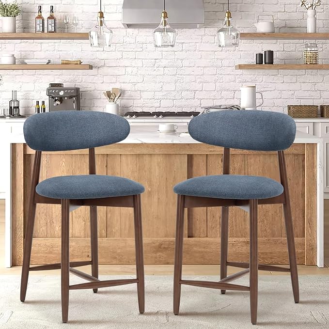 COLAMY Upholstered Counter Height Bar Stools Set of 2, Modern Kitchen Island Barstools Chairs with Back and Wood Legs for Dining Room Bar, Blue