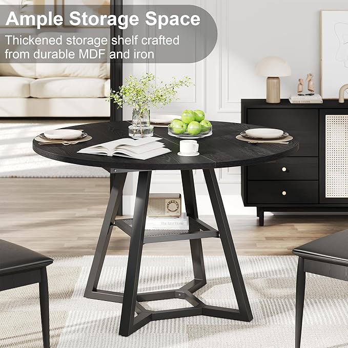 Round Dining Table for 4, Black Kitchen Tables Dining Room Circle Dinner Table with Pedestal Metal Frame, 47 Inch Space Saving Wood Industrial Kitchen & Dining Room Tables