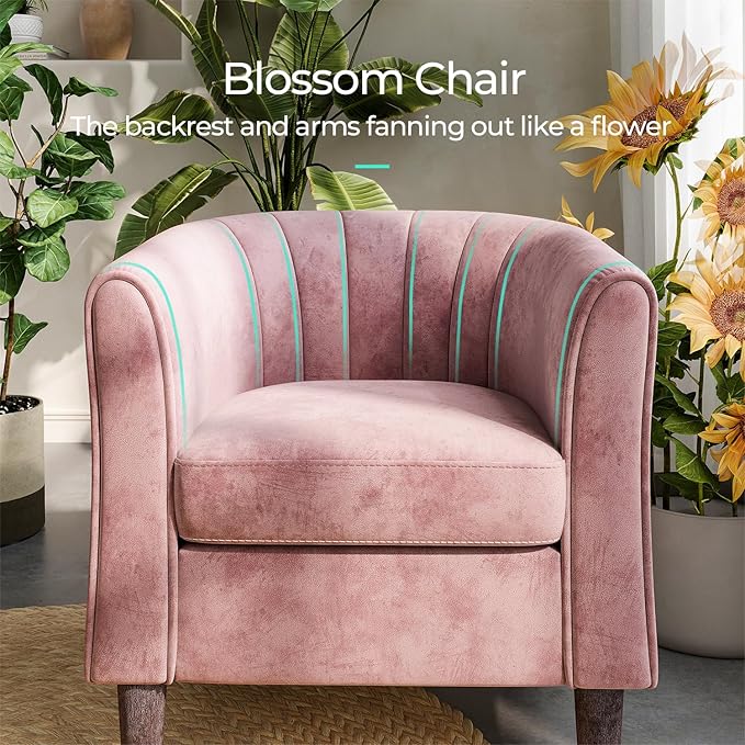 LINSY Accent Chair with Ottoman, Modern Barrel Chair Small Armchair Reading Chair with Footrest, Comfy Round Arms Chair for Living Room Bedroom Reading Room, Velvet, Pink
