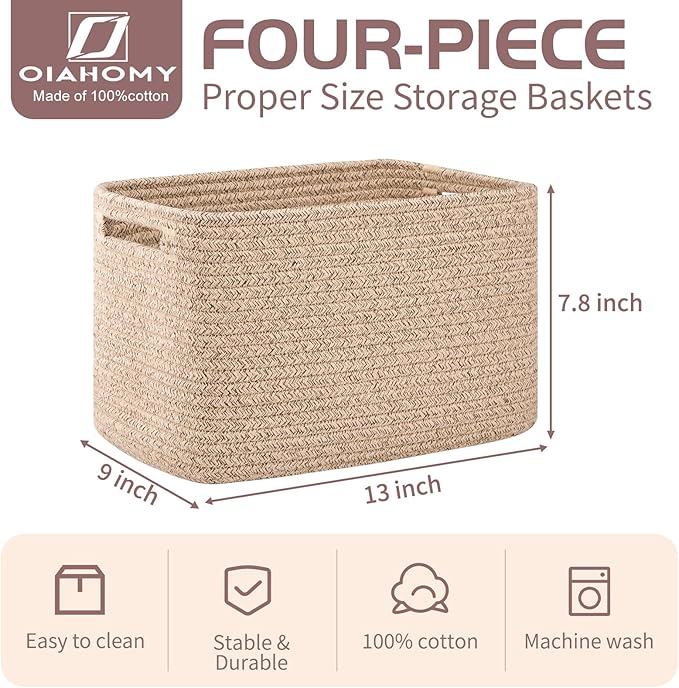 OIAHOMY 4 Pack Storage Baskets for Organizing, Cube Storage Bins for Shelves, Rectangle Storage Baskets With Handles, Woven Baskets for Storage, 12.7''Lx9''Wx7.8''H, Brown