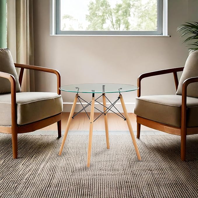 Fab Glass and Mirror Wood Table Bases with Round Glass Dining Table Top 30 Inches- Flat 1/2 Thick, Elegant Dining Table Round, Perfect for Glass Kitchen Table Design and Versatile Decor