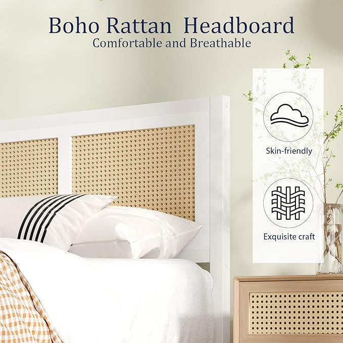 Rattan Bed Frame Queen, Boho Bed Frame with Headboard, Metal Platform Bed Frame Queen Size with Strong Slats Support, No Box Spring Needed, Noise Free, Easy Assembly, White
