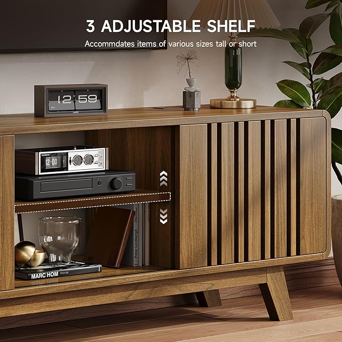 ONBRILL 63-Inch TV Stand for TVs up to 75 Inch, Mid-Century Modern Television Stand with Power Outlet， Entertainment Center with Sliding Grille Door Cabinets and Open Shelves for Living Room, Oak