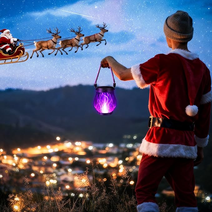 Christmas Solar Flame Lantern Hanging Outdoor Waterproof Purple - 2 Pack Flame Lanterns with Dual Charging Modes of Solar & USB for Garden or Yard Decorations (Purple - 2 Pack)