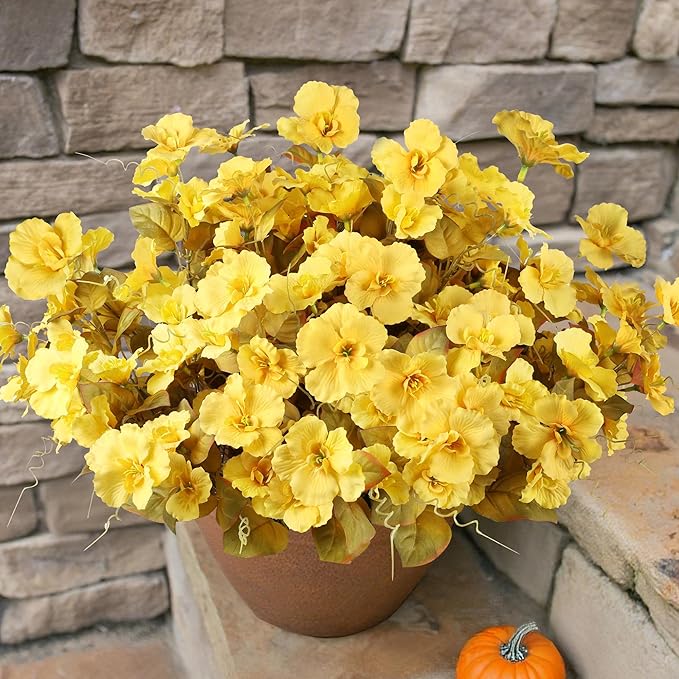 INSPRING Fake Fall Flowers Artificial Mums for Outdoors Autumn Decoration, Faux Silk Flowers Plants Realistic UV Resistant Tropical Flower Artificial for Outside Planter Patio (FYellow, 6 Bundles)