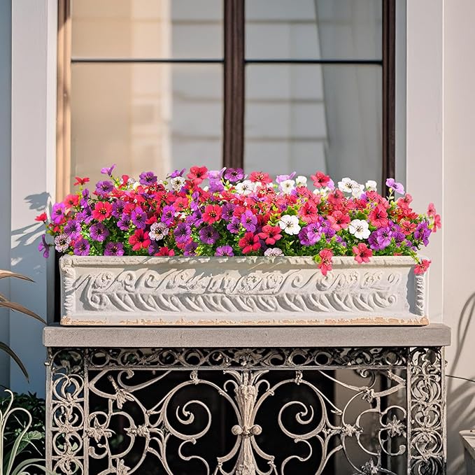 Artificial Flowers Faux Plants Outdoor Fake Flowers Spring Decor,12 Bundles Realistic Plastic Plant Colorful Daisy UV Resistant for Porch Patio Home Yard Garden Window Box Pot Planters