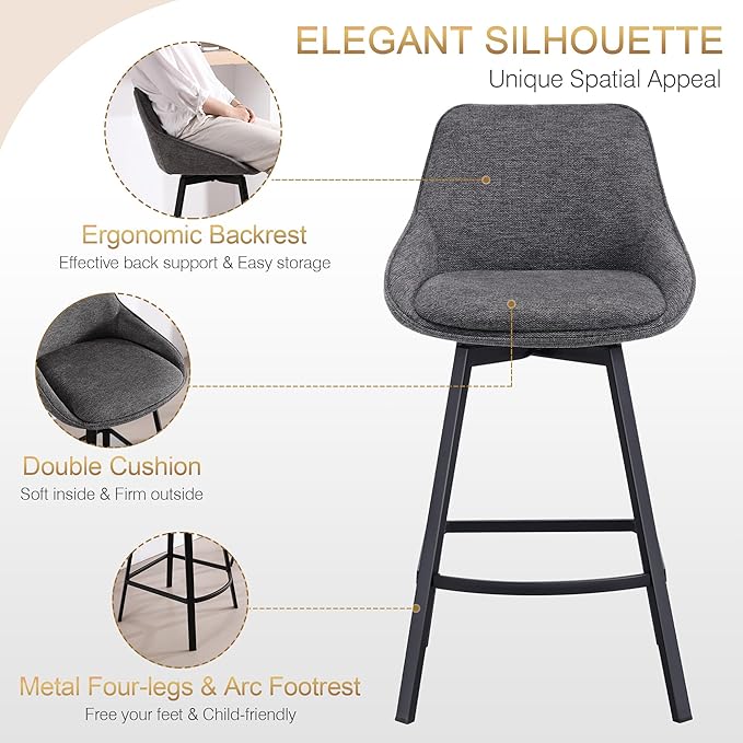 Zesthouse Swivel Bar Stools Set of 2, Modern Counter Height Barstools with Backs, 26'' Upholstered Linen Fabric High Chairs for Island Kitchen, Counter Height Chairs with Metal Legs, Dark Grey