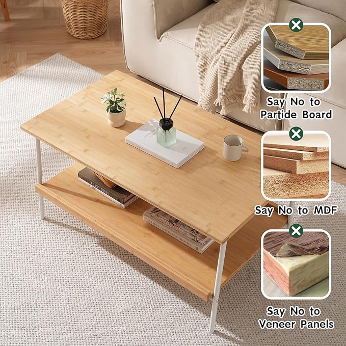 Coffee Table with 2 Tier Storage- Mid Century Modern Center Table, Farmhouse Bamboo Coffee Tables, Small Tea Tables for Living Room, Bedroom, Office, Patio (Natural)