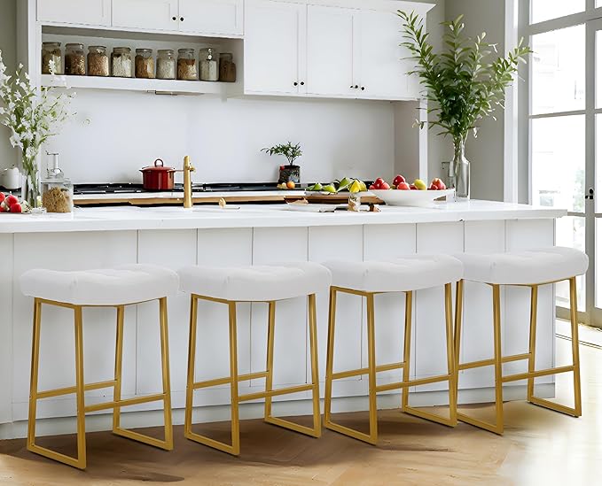 White & Gold Counter Height Bar Stools Set of 4 for Kitchen Counter Modern Backless Barstools with Upholstered Faux Leather Seat and Metal Frame Industrial 24 inch Bar Chairs