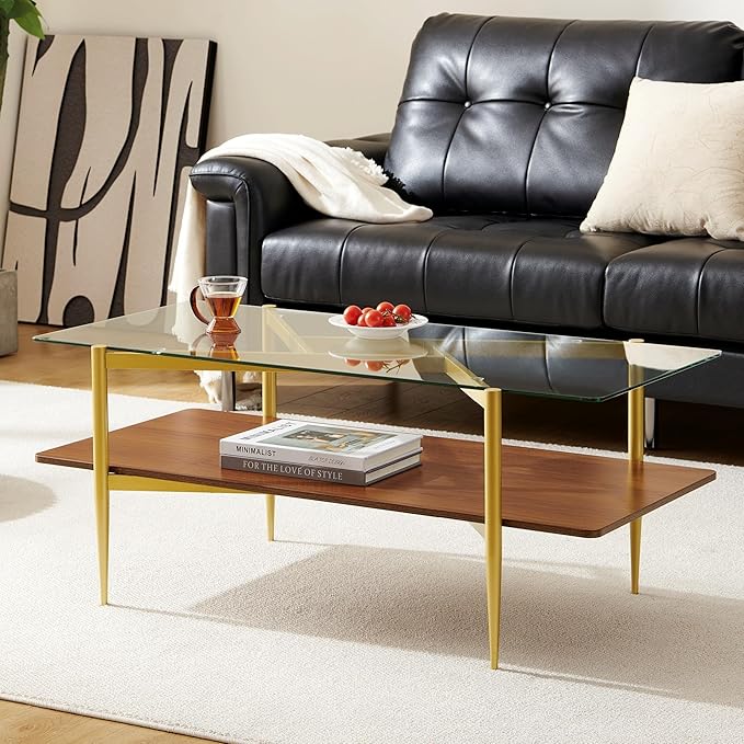 Rectangle Coffee Table, Mid-Century Modern Design, L41*W21*H17 inch, for Living Room, Clear Glass Top and Walnut Finish Wood Shelf, Conical Metal Legs with Gold Finish