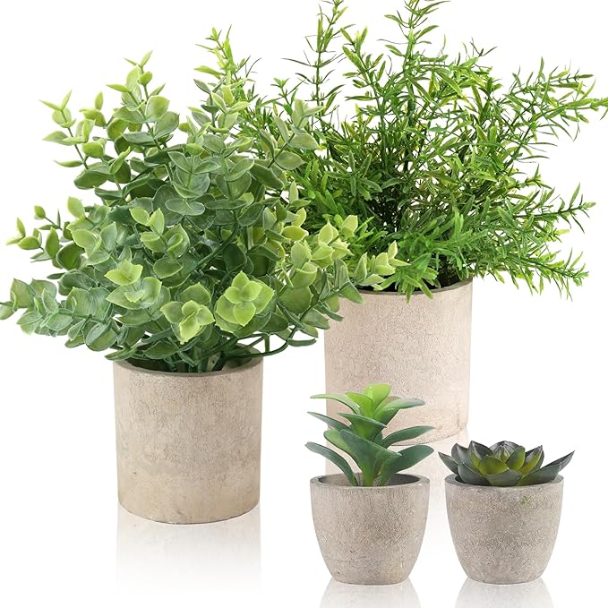 ALAGIRLS 4 Pack Small Fake Plants, 10" Artificial Plants Indoor Eucalyptus/Rosemary/Succulents, Small Faux Plants in Pulp Pot for Bathroom Bedroom Kitchen Office Living Room Decor