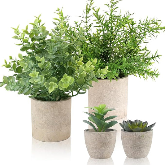 ALAGIRLS 4 Pack Small Fake Plants, 10" Artificial Plants Indoor Eucalyptus/Rosemary/Succulents, Small Faux Plants in Pulp Pot for Bathroom Bedroom Kitchen Office Living Room Decor