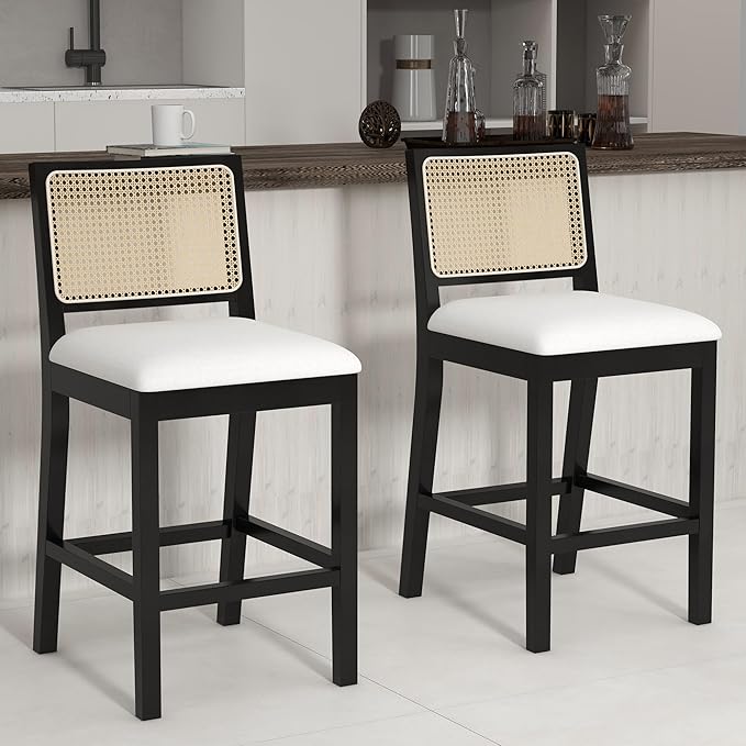 Westice Rattan Bar Stools Set of 2, 26" Farmhouse Counter Height Stools with Cane Back and Wood Frame, Upholstered Line Fabric Seat Cushion, Wooden Chairs for Kitchen Island/Pub, Black