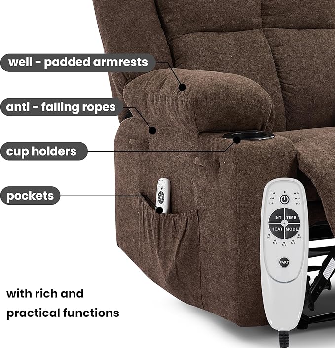 Manual Recliner Chair with Heating & Massage,Ergonomic Overstuffed Breathable Fabric Reclining Chair with Side Pockets,Q235 Steel Frame Lazy Boy Recliner Single Sofa for Living Room Bedroom
