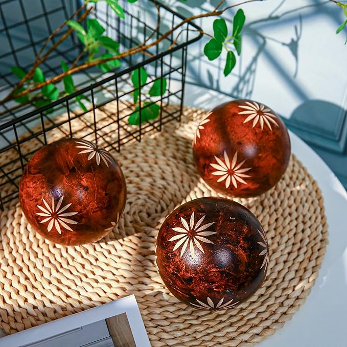 Decorative Balls for Centerpiece, Set of 3, Sunflower Pattern, 4 inch Resin Round Sphere Balls, Table Decor