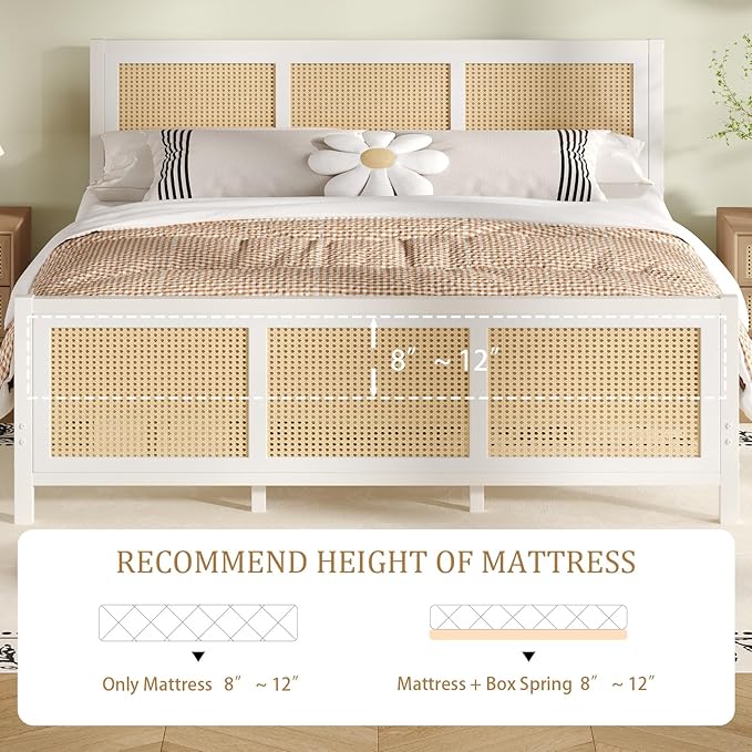Rattan Bed Frame Queen, Boho Bed Frame with Headboard, Metal Platform Bed Frame Queen Size with Strong Slats Support, No Box Spring Needed, Noise Free, Easy Assembly, White