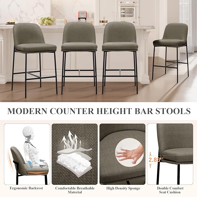 COLAMY Counter Height Bar Stools Set of 4, 25 Inch Modern Fabric Kitchen Island Stools with Back, Upholstered Counter Barstools Armless Bar Chairs with Metal Legs for Island Dining Room Bar,Brown