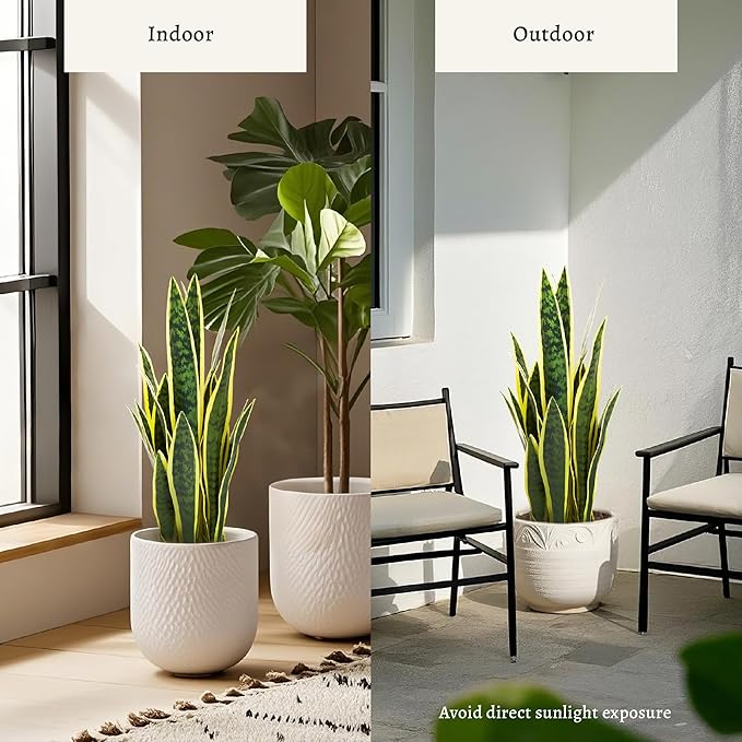 KOL 2ft Artificial Snake Plant, 32 Lifelike Faux PVC Leaves, Indoor Home Garden Decor, Fake Sansevieria Potted Plants, Mother-in-Law Tongue, 25.6in Floor Greenery in Black Pot