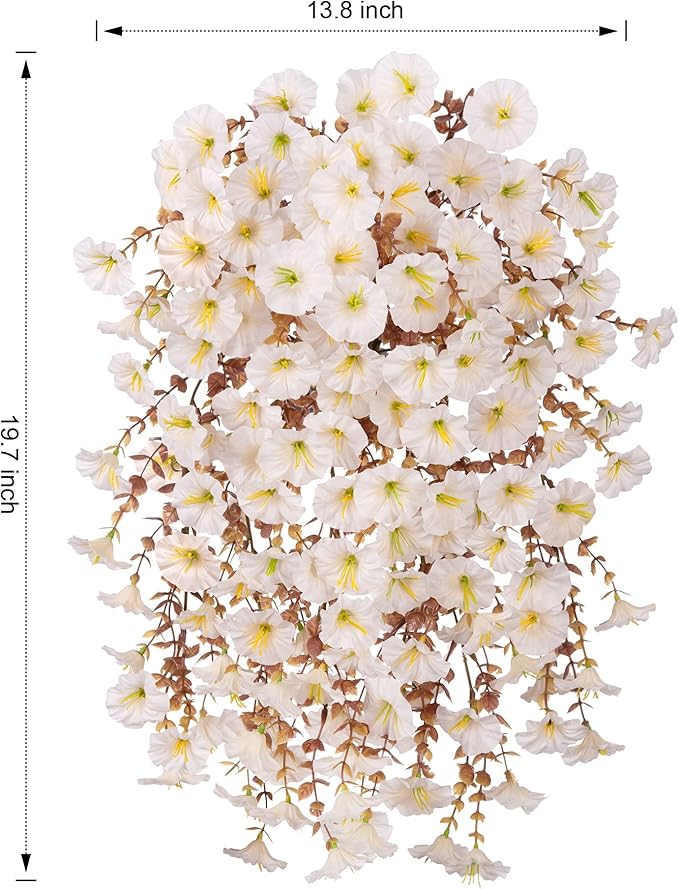 Ivydale 2 PCS Artificial Fall Hanging Flowers Fake Petunias Outdoor, Silk Faux Morning Glory Flowers with Eucalyptus Leaves,UV Resistant Realistic Mums Plants Vines for Home Garden Decor (White)