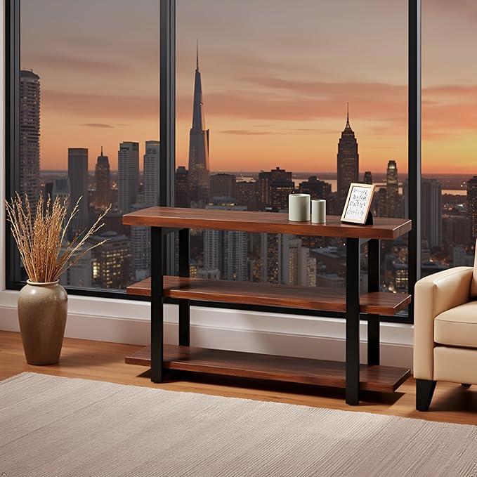 Alaterre Furniture Pomona 48" Solid Pine Wood Media Console Table with 2 Open Shelves and Metal Legs - 3-Tier Storage Display and Rustic Industrial Accent Furniture in Natural Finish