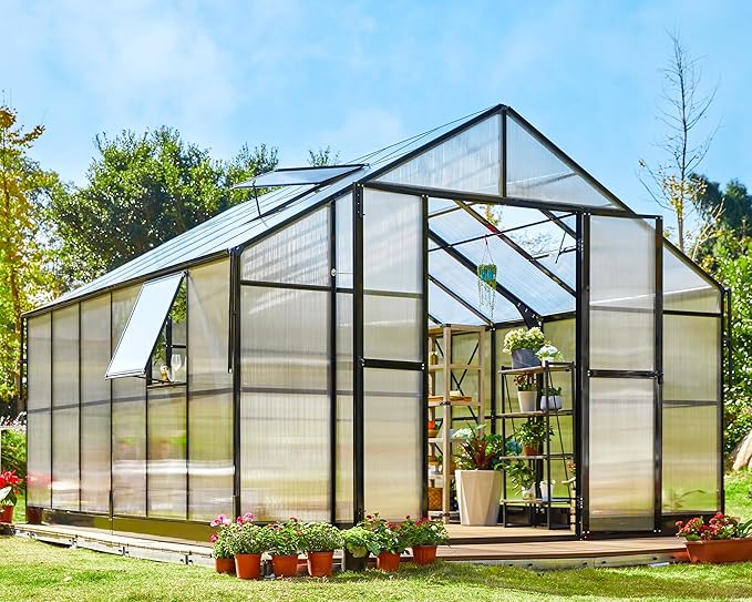 Jocisland 12x13.5x9 Polycarbonate Outdoor Aluminum Greenhouse - Quick Connect Fittings, 6.7 FT Height Bronze Double Doors, 4 Ventilation, Walk In Backyard Garden Greenhouse