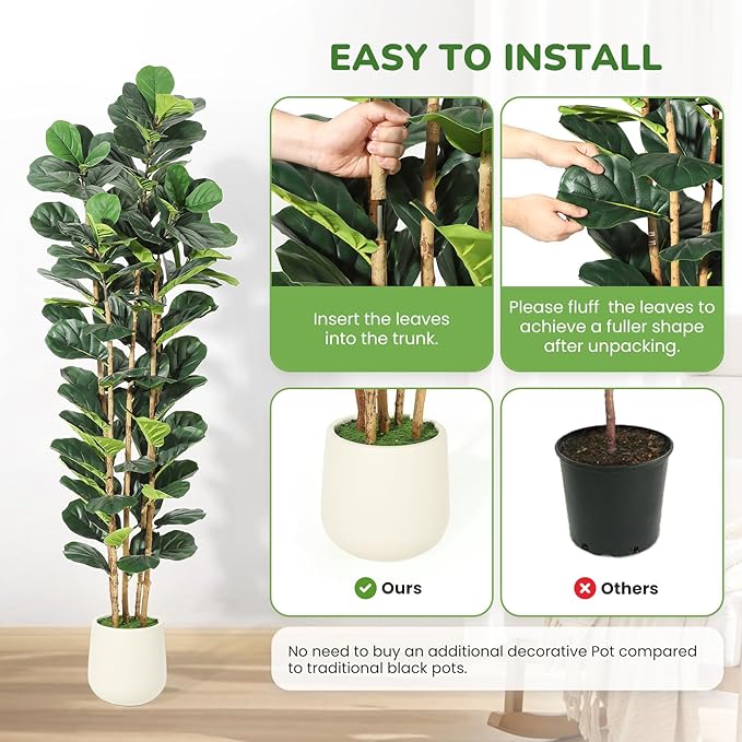 GarveeHome 7FT Faux Fiddle Leaf Fig Tree with White Pot, Faux Trees with Artificial Plants 107 Fiddle Leaves Greenery - Lifelike Fake Tree for Home Office Store Room Decor Indoor Outdoor